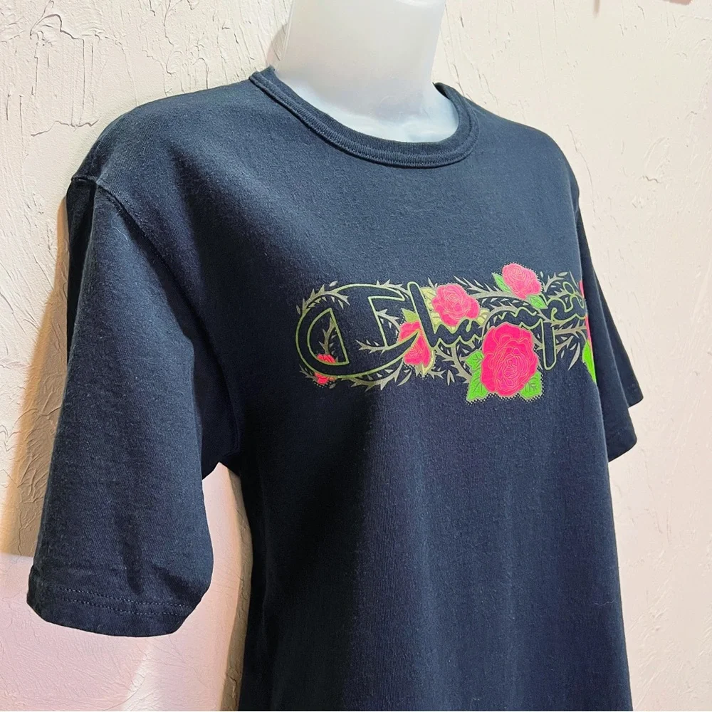 2000s Champion Black T Shirt Thorns and Roses y2k Goth Unisex M - Picture 6 of 8